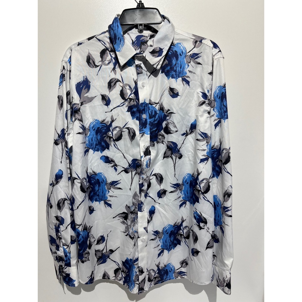 Coofandy Womens‎ Medium Blue Floral Rose Print Button Down Long Sleeve Shirt